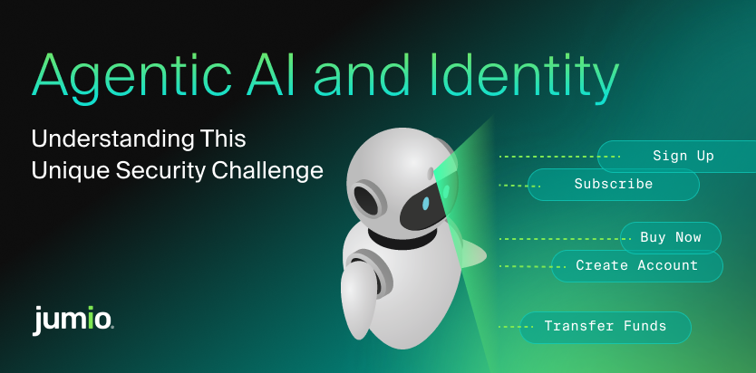 "Agentic AI and Identity: Understanding This Unique Security Challenge" featuring a white robot projecting digital options like 'Sign Up', 'Subscribe', and 'Transfer Funds'.