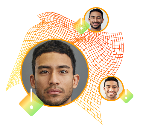 Facial verification grid with three linked user profiles, representing identity matching across multiple accounts