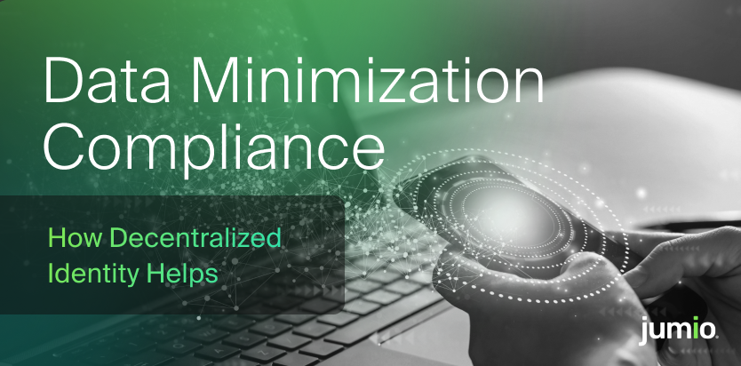 "Data Minimization Compliance: How Decentralized Identity Helps" featuring hands holding a smartphone emitting a glowing network node pattern over a laptop keyboard, with the Jumio logo in the corner.