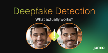 "Deepfake Detection: What actually works?" with the Jumio logo. Below the text, two side-by-side circular photos show the same man, one clean-shaven and one with a mustache, connected by an exclamation mark icon.