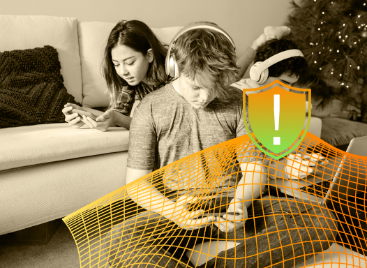 Sepia-toned photo of three children on a couch using phones and tablets, with a warning shield icon overlay