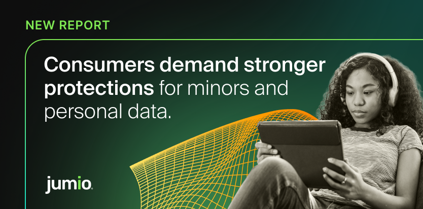 Teenage girl using a tablet with a headline reading Consumers demand stronger protections for minors and personal data, New Report
