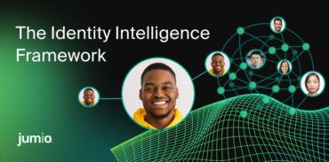 "The Identity Intelligence Framework" alongside circular portraits of people connected by a green digital network mesh.