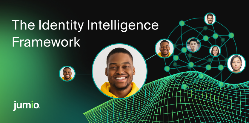 "The Identity Intelligence Framework" alongside circular portraits of people connected by a green digital network mesh.