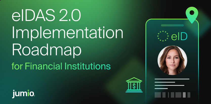 eIDAS 2.0 Implementation Roadmap for Financial Institutions, featuring a digital identity card with a profile photo, European Union eID symbol, and financial institution icon.