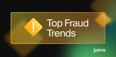 "Top Fraud Trends" featuring a yellow diamond exclamation mark icon on a dark background with the Jumio logo.